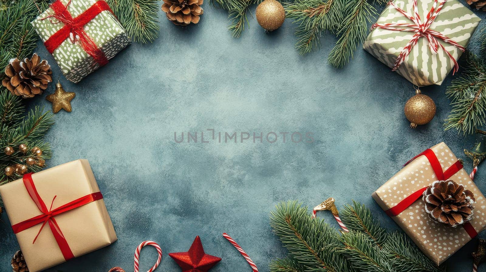 Colorful wrapped gifts and decorations are arranged on a textured blue background. Pinecones and greenery enhance the holiday spirit.