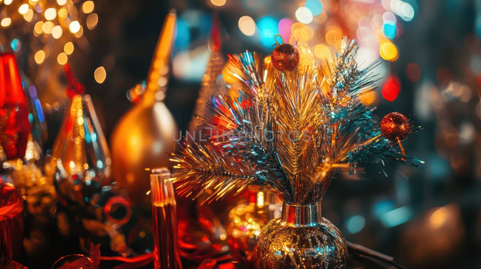 Bright decorations featuring sparkly ornaments and vibrant colors create a joyful atmosphere for the Christmas season enhancing the holiday spirit.