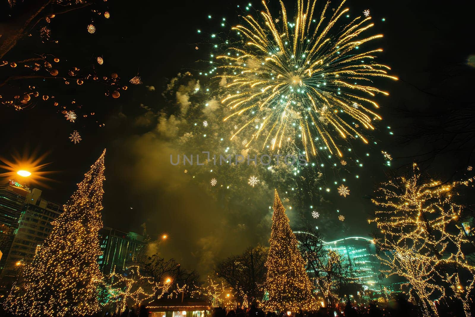 Colorful fireworks burst above a park adorned with sparkling Christmas lights on a joyful evening shared by families and friends.