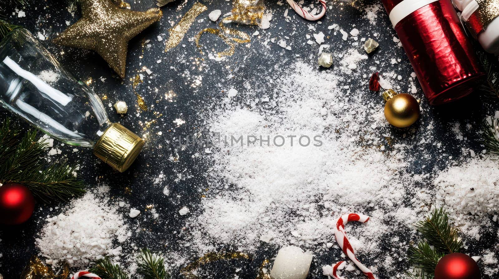 A festive arrangement featuring holiday decorations candy canes and artificial snow perfect for celebrating Christmas traditions.