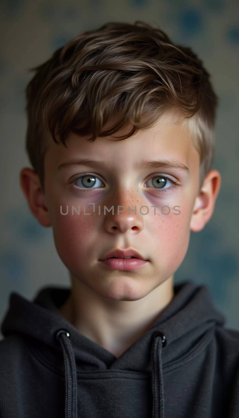 A young boy from Russia gazes directly at the viewer with captivating grey eyes. His tousled hair frames his face and he wears a cozy casual clothes. Rosy cheeks, piercing serious look. Generative AI