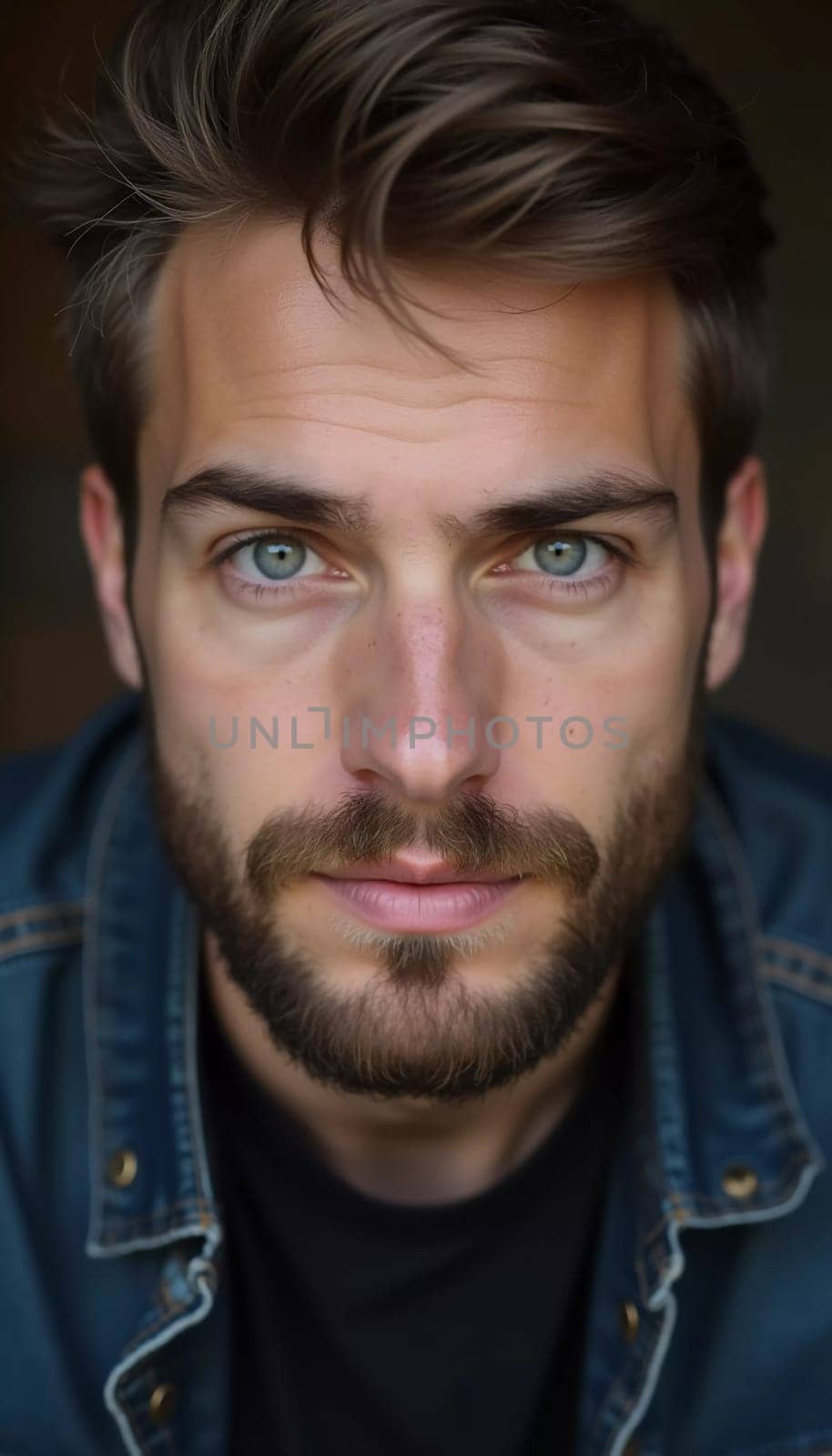 A young man from Russia gazes directly at the viewer with striking blue eyes. Tousled hair and relaxed expression. Introspection and tranquility. Portrait of a handsome man of 30 years. Generative AI.