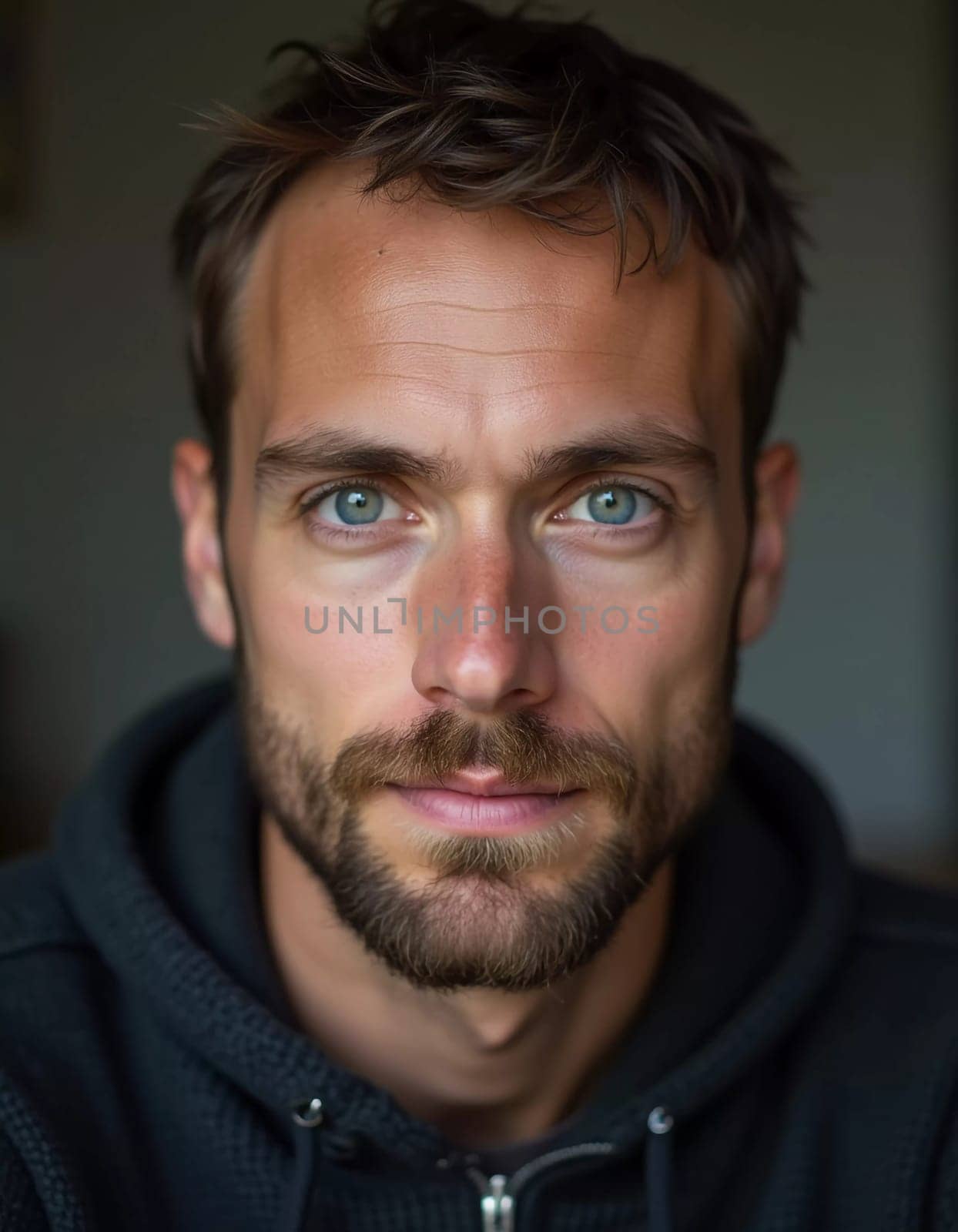 A young man from Russia gazes directly at the viewer with striking blue eyes. Tousled hair and relaxed expression. Introspection and tranquility. Portrait of a handsome man of 30 years. Generative AI.
