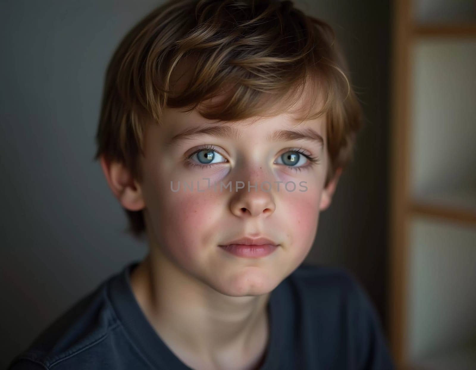 A young boy from Russia gazes directly at the viewer with captivating grey eyes. His tousled hair frames his face and he wears a cozy casual clothes. Rosy cheeks, piercing serious look. Generative AI