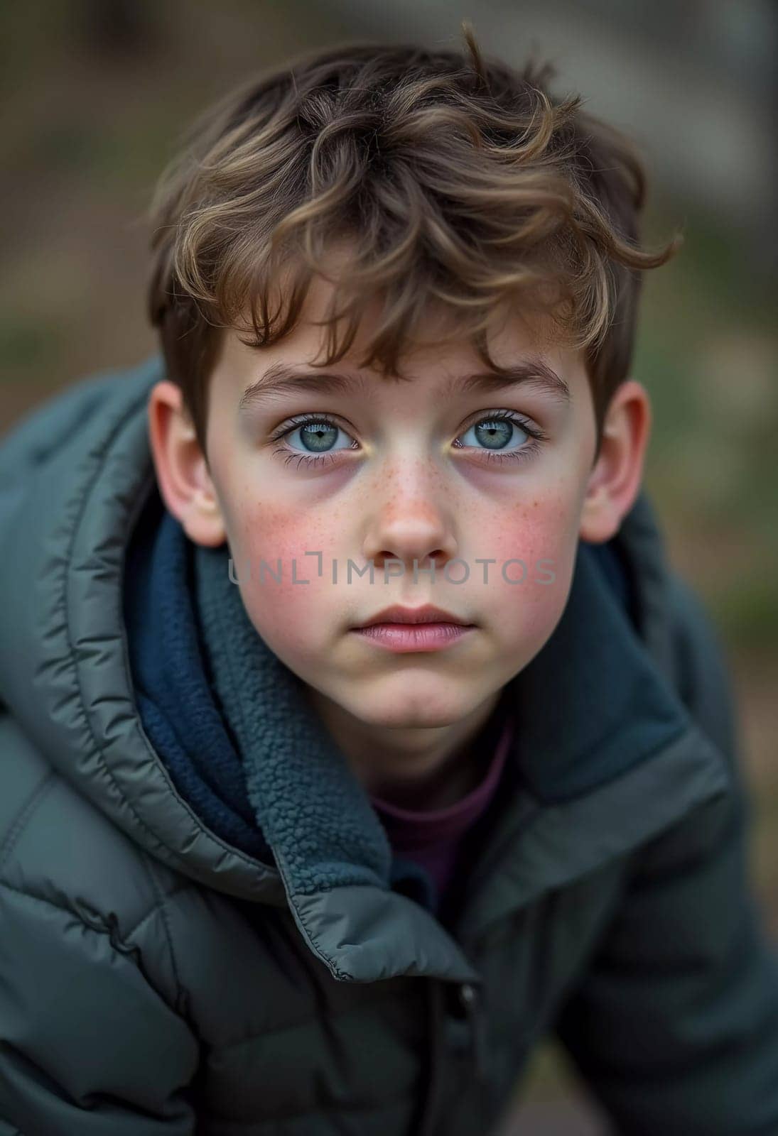 A young boy from Russia gazes directly at the viewer with captivating grey eyes. His tousled hair frames his face and he wears a cozy casual clothes. Rosy cheeks, piercing serious look. Generative AI