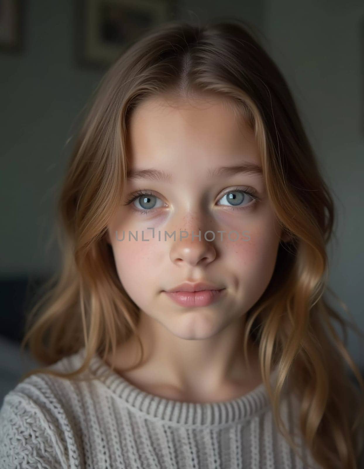 A young girl stands indoor in Russia, her striking grey-blue eyes gazing intently at the viewer. Natural light enhances her delicate features and long hair. Cute kid teenager schoolgirl. GenerativeAI.