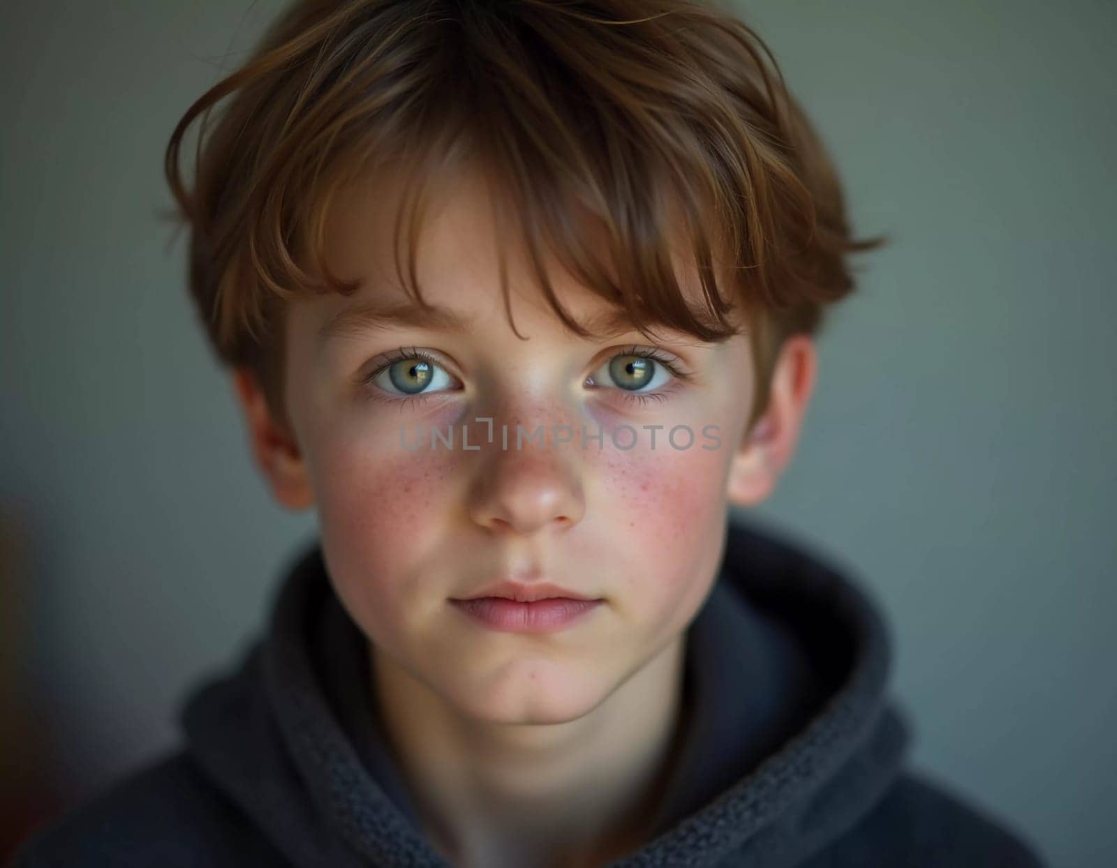 A young boy from Russia gazes directly at the viewer with captivating grey eyes. His tousled hair frames his face, and he wears a cozy dark hoodie. Rosy cheeks, piercing serious look. Generative AI.
