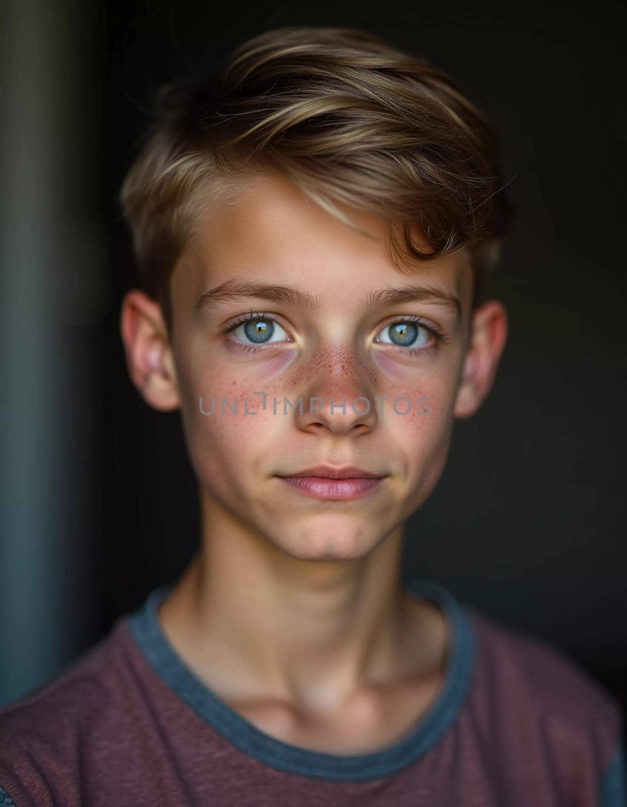 A young boy from Russia gazes directly at the viewer with captivating grey eyes. His tousled hair frames his face and he wears a cozy casual clothes. Rosy cheeks, piercing serious look. Generative AI