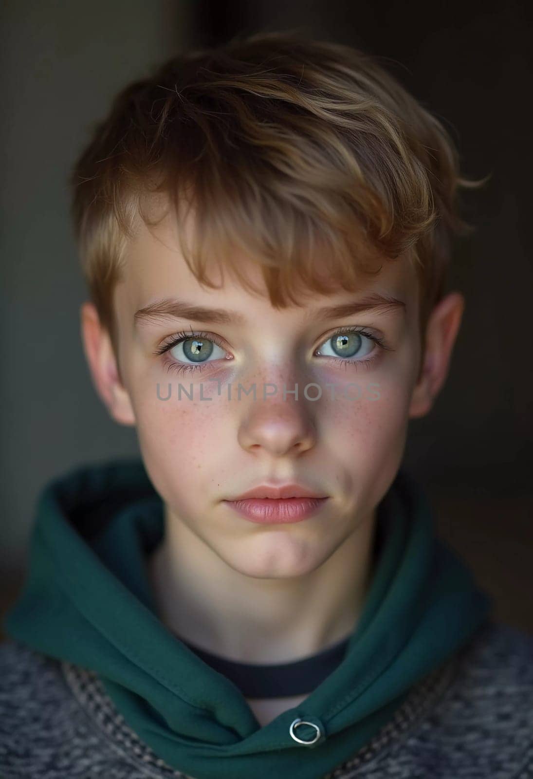 A young boy from Russia gazes directly at the viewer with captivating grey eyes. His tousled hair frames his face and he wears a cozy casual clothes. Rosy cheeks, piercing serious look. Generative AI