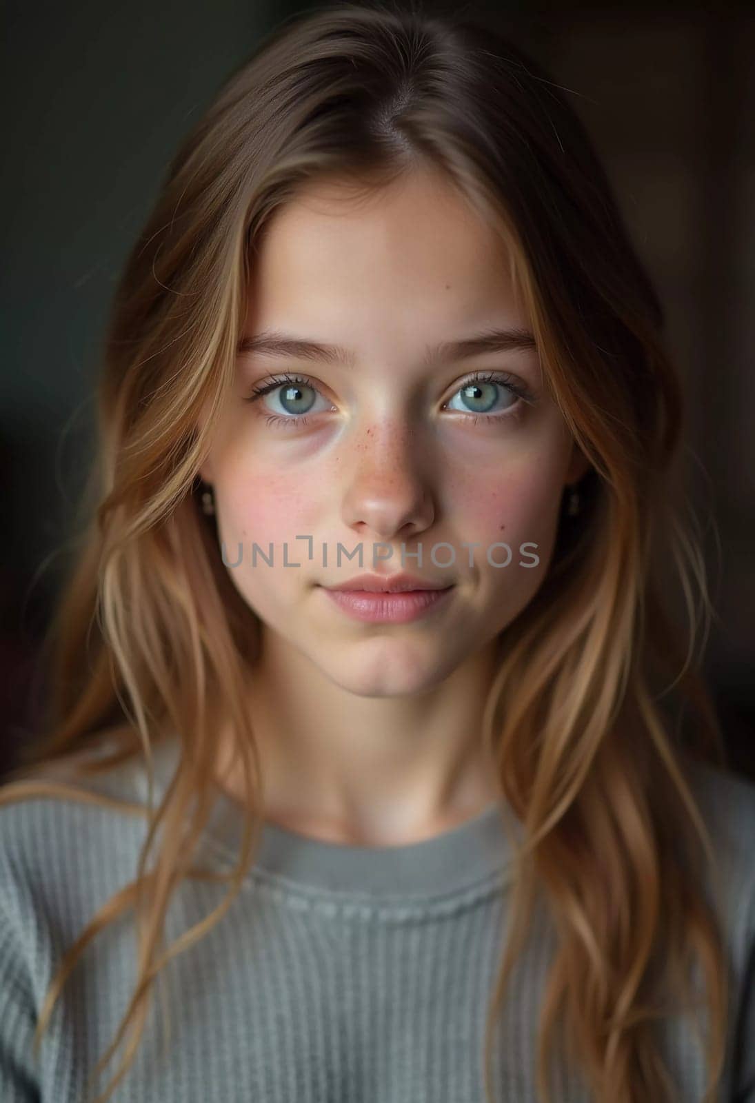 A young girl stands indoor in Russia, her striking grey-blue eyes gazing intently at the viewer. Natural light enhances her delicate features and long hair. Cute kid teenager schoolgirl. GenerativeAI.