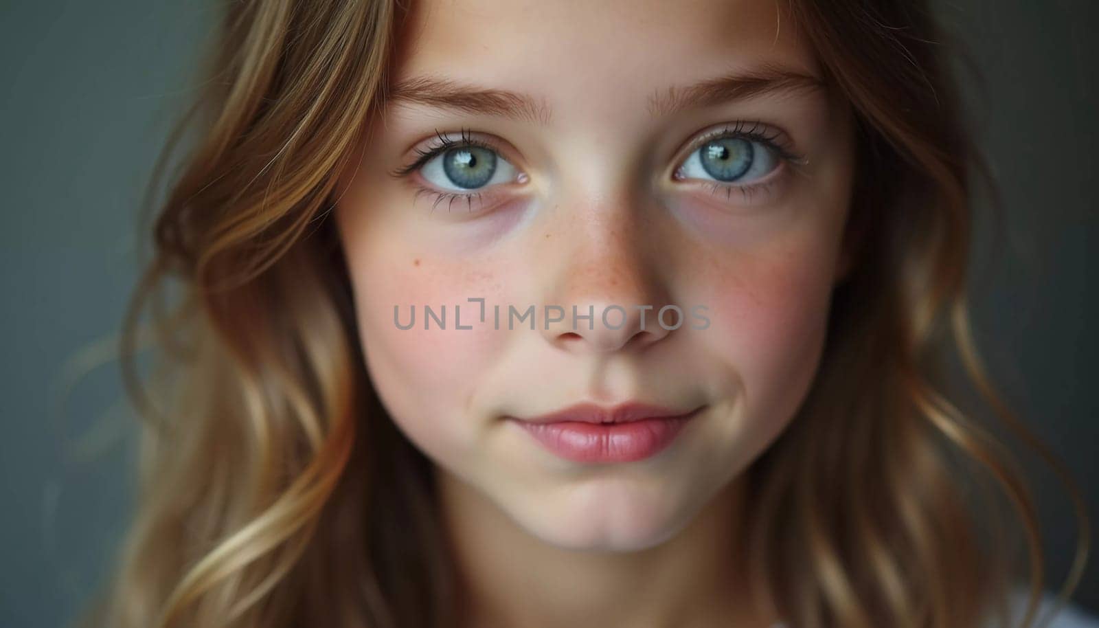 A young girl stands indoor in Russia, her striking grey-blue eyes gazing intently at the viewer. Natural light enhances her delicate features and long hair. Cute kid teenager schoolgirl. GenerativeAI.
