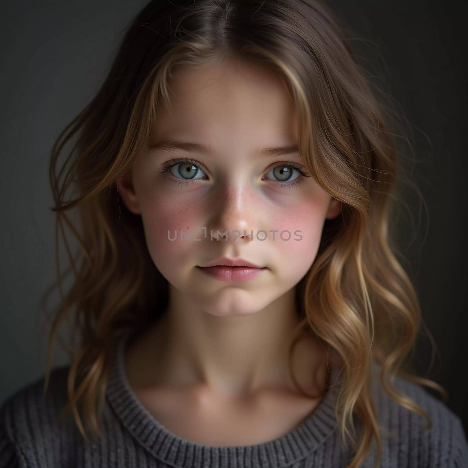 A young girl stands indoor in Russia, her striking grey-blue eyes gazing intently at the viewer. Natural light enhances her delicate features and long hair. Cute kid teenager schoolgirl. GenerativeAI.