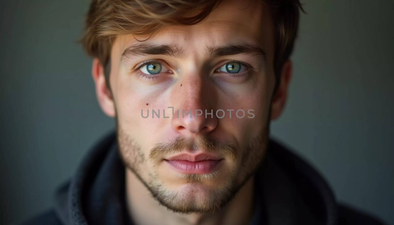 A young man from Russia gazes directly at the viewer with striking blue eyes. Tousled hair and relaxed expression. Introspection and tranquility. Portrait of a handsome man of 30 years. Generative AI.