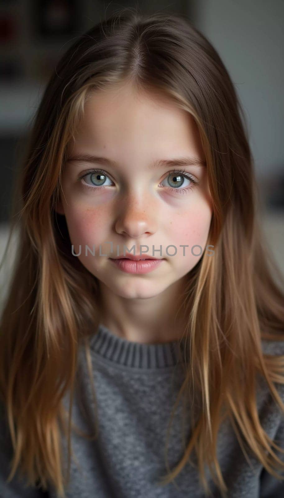 A young girl stands indoor in Russia, her striking grey-blue eyes gazing intently at the viewer. Natural light enhances her delicate features and long hair. Cute kid teenager schoolgirl. GenerativeAI.