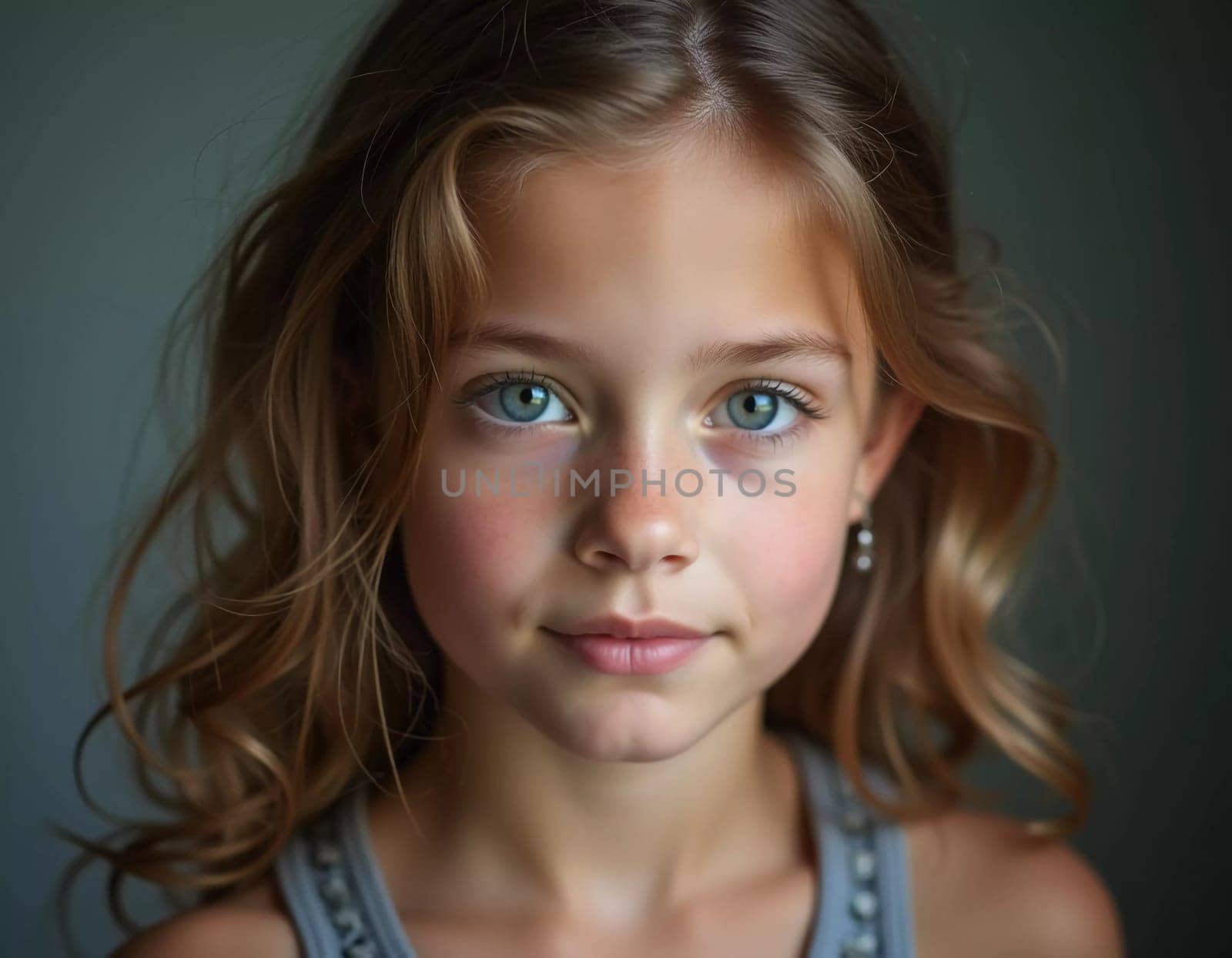 A young girl stands indoor in Russia, her striking grey-blue eyes gazing intently at the viewer. Natural light enhances her delicate features and long hair. Cute kid teenager schoolgirl. GenerativeAI.
