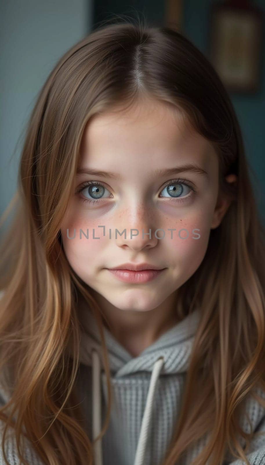 A young girl stands indoor in Russia, her striking grey-blue eyes gazing intently at the viewer. Natural light enhances her delicate features and long hair. Cute kid teenager schoolgirl. GenerativeAI.