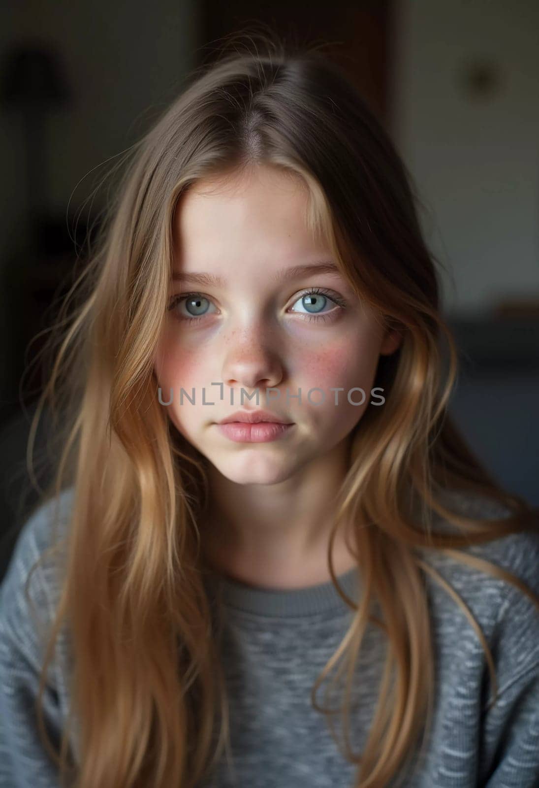 A young girl stands indoor in Russia, her striking grey-blue eyes gazing intently at the viewer. Natural light enhances her delicate features and long hair. Cute kid teenager schoolgirl. GenerativeAI.