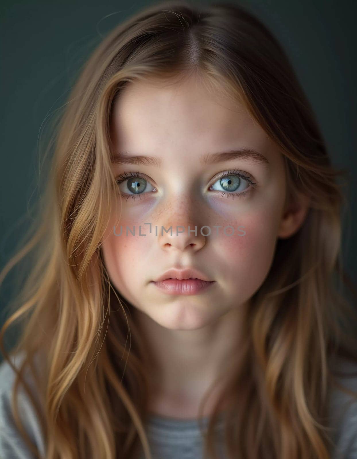 A young girl stands indoor in Russia, her striking grey-blue eyes gazing intently at the viewer. Natural light enhances her delicate features and long hair. Cute kid teenager schoolgirl. GenerativeAI.