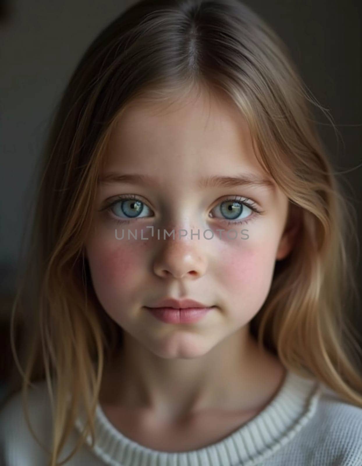 A young girl stands indoor in Russia, her striking grey-blue eyes gazing intently at the viewer. Natural light enhances her delicate features and long hair. Cute kid teenager schoolgirl. GenerativeAI.