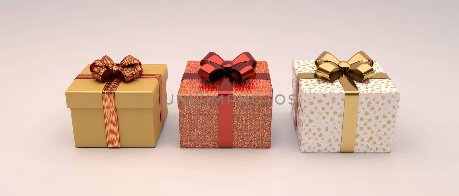 Three beautifully wrapped Christmas gift boxes with various designs sit neatly in a row creating a festive atmosphere for the holiday.