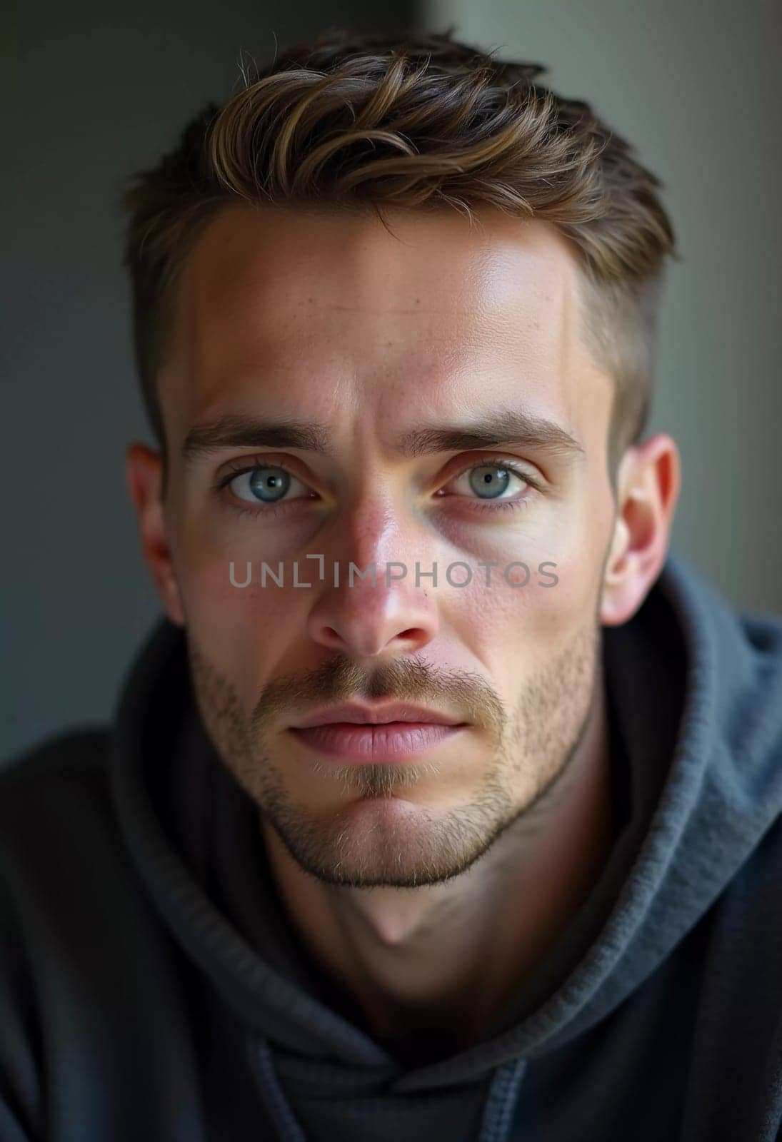 A young man from Russia gazes directly at the viewer with striking blue eyes. Tousled hair and relaxed expression. Introspection and tranquility. Portrait of a handsome man of 30 years. Generative AI.