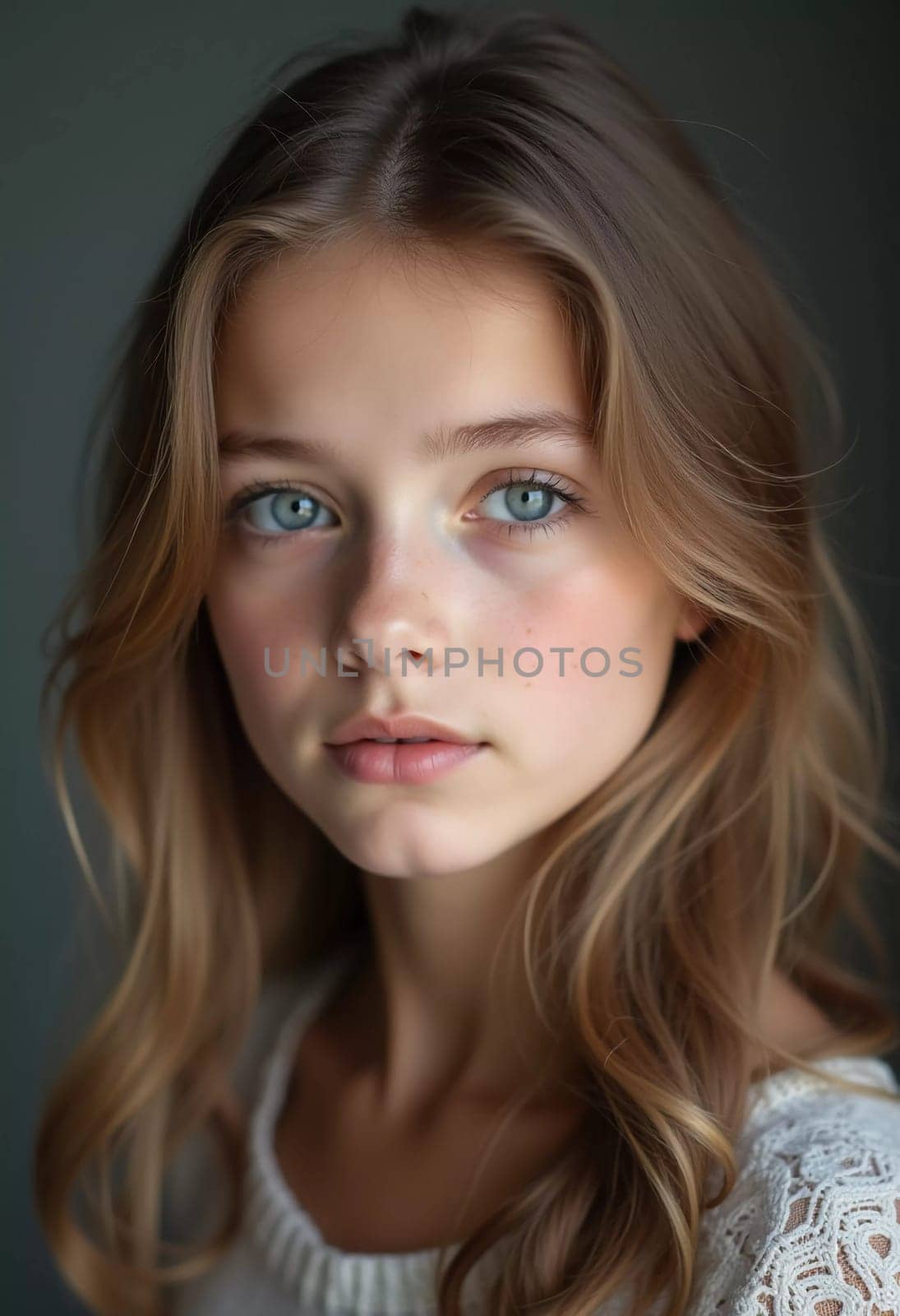 A young girl stands indoor in Russia, her striking grey-blue eyes gazing intently at the viewer. Natural light enhances her delicate features and long hair. Cute kid teenager schoolgirl. GenerativeAI.