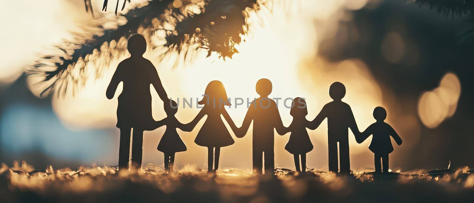 A family is gathered together holding hands in a warm festive atmosphere at sunset celebrating the joys of Christmas and togetherness.