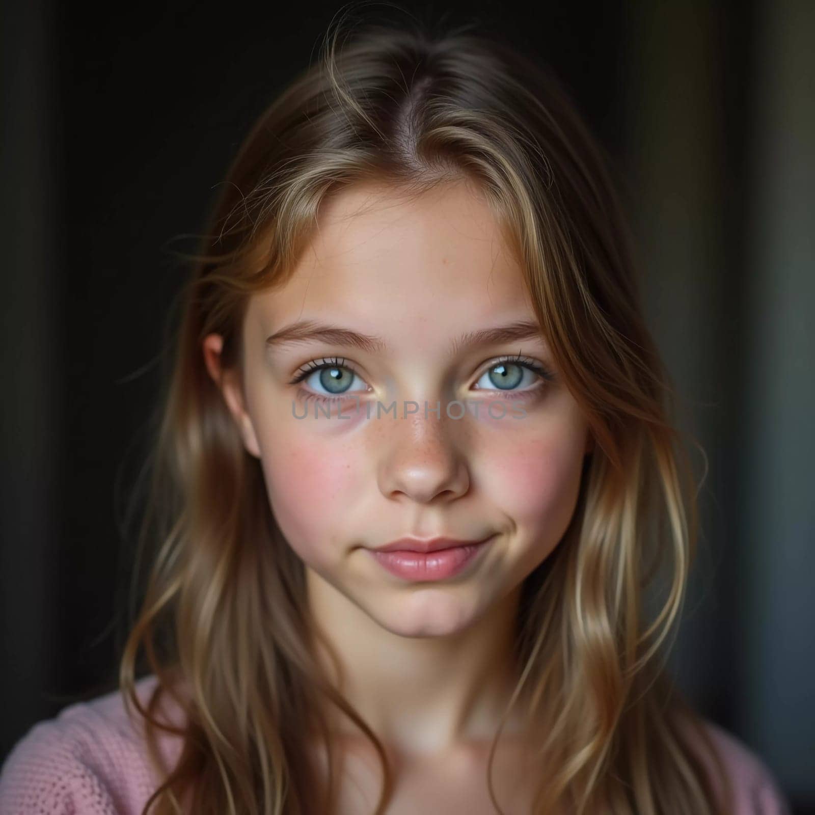 A young girl stands indoor in Russia, her striking grey-blue eyes gazing intently at the viewer. Natural light enhances her delicate features and long hair. Cute kid teenager schoolgirl. GenerativeAI.