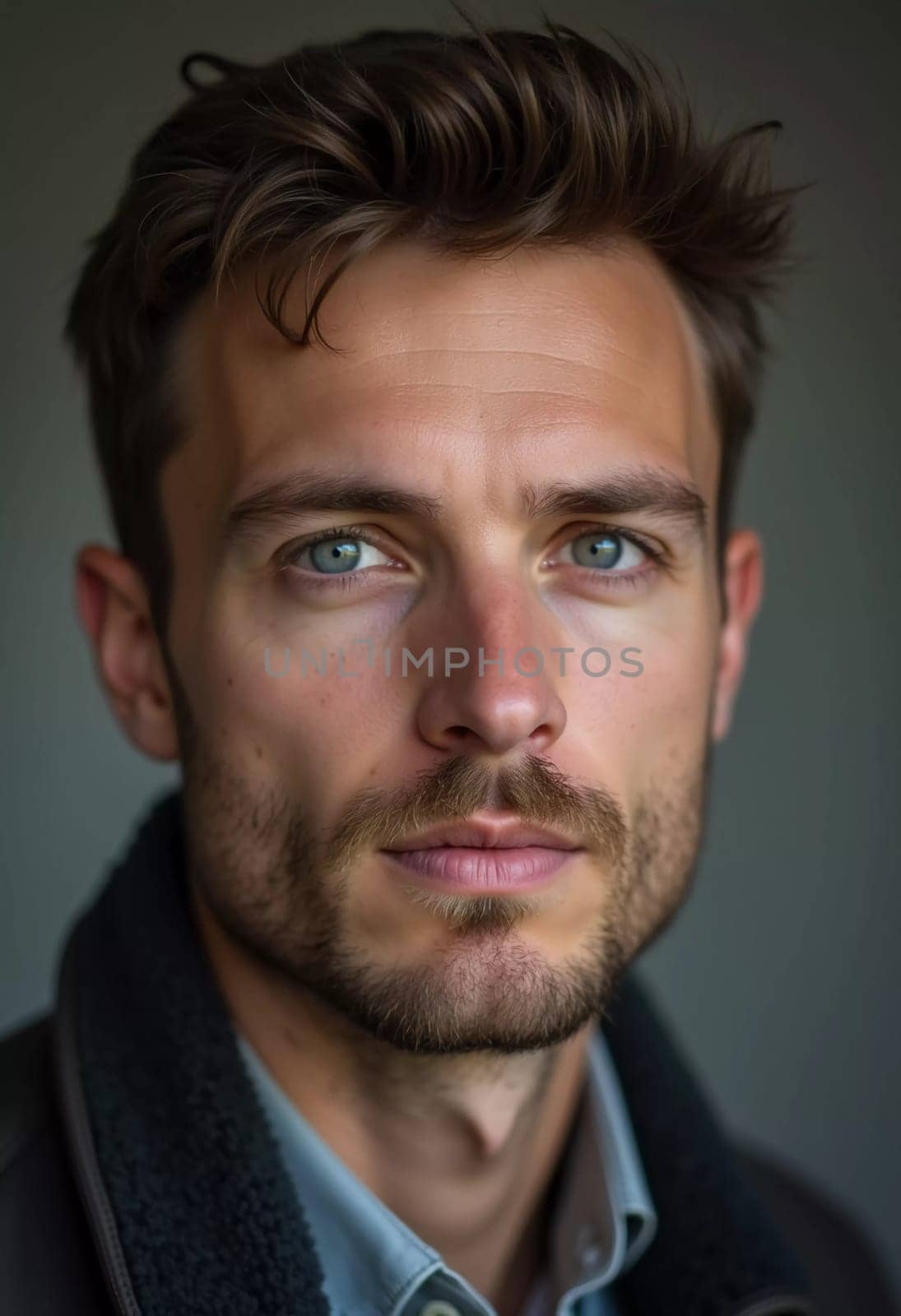 A young man from Russia gazes directly at the viewer with striking blue eyes. Tousled hair and relaxed expression. Introspection and tranquility. Portrait of a handsome man of 30 years. Generative AI.