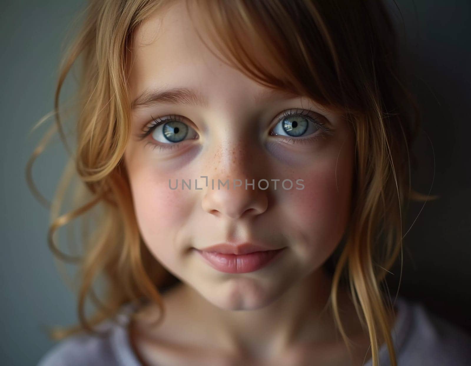 A young girl stands indoor in Russia, her striking grey-blue eyes gazing intently at the viewer. Natural light enhances her delicate features and long hair. Cute kid teenager schoolgirl. GenerativeAI.