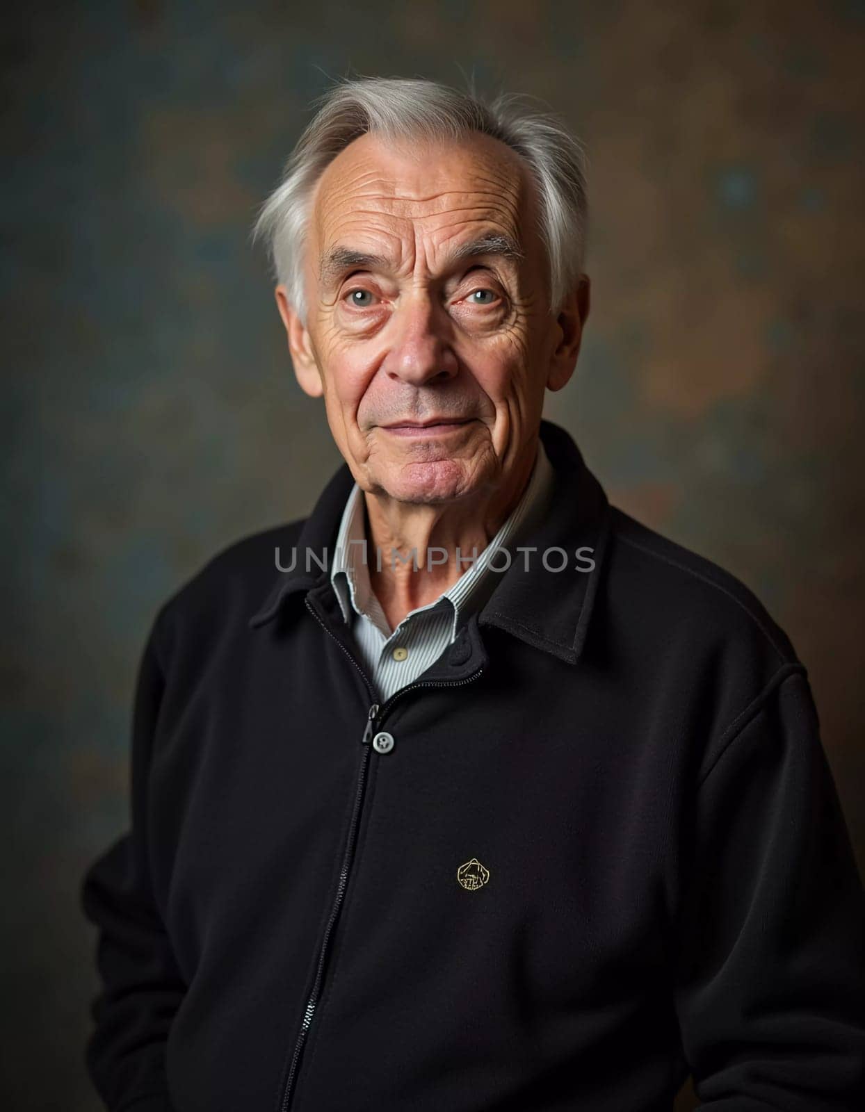 A senior man stands confidently, wearing a black jacket. Softly lit background. Portrait of a Russian man, 60-70-80 years old. Serious, wise, thoughtful face. Pensioner with gray hair. Generative AI.