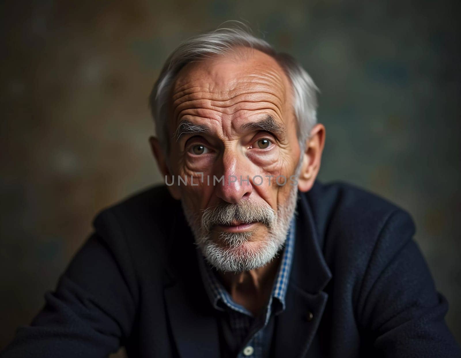 A senior man stands confidently, wearing a black jacket. Softly lit background. Portrait of a Russian man, 60-70-80 years old. Serious, wise, thoughtful face. Pensioner with gray hair. Generative AI.