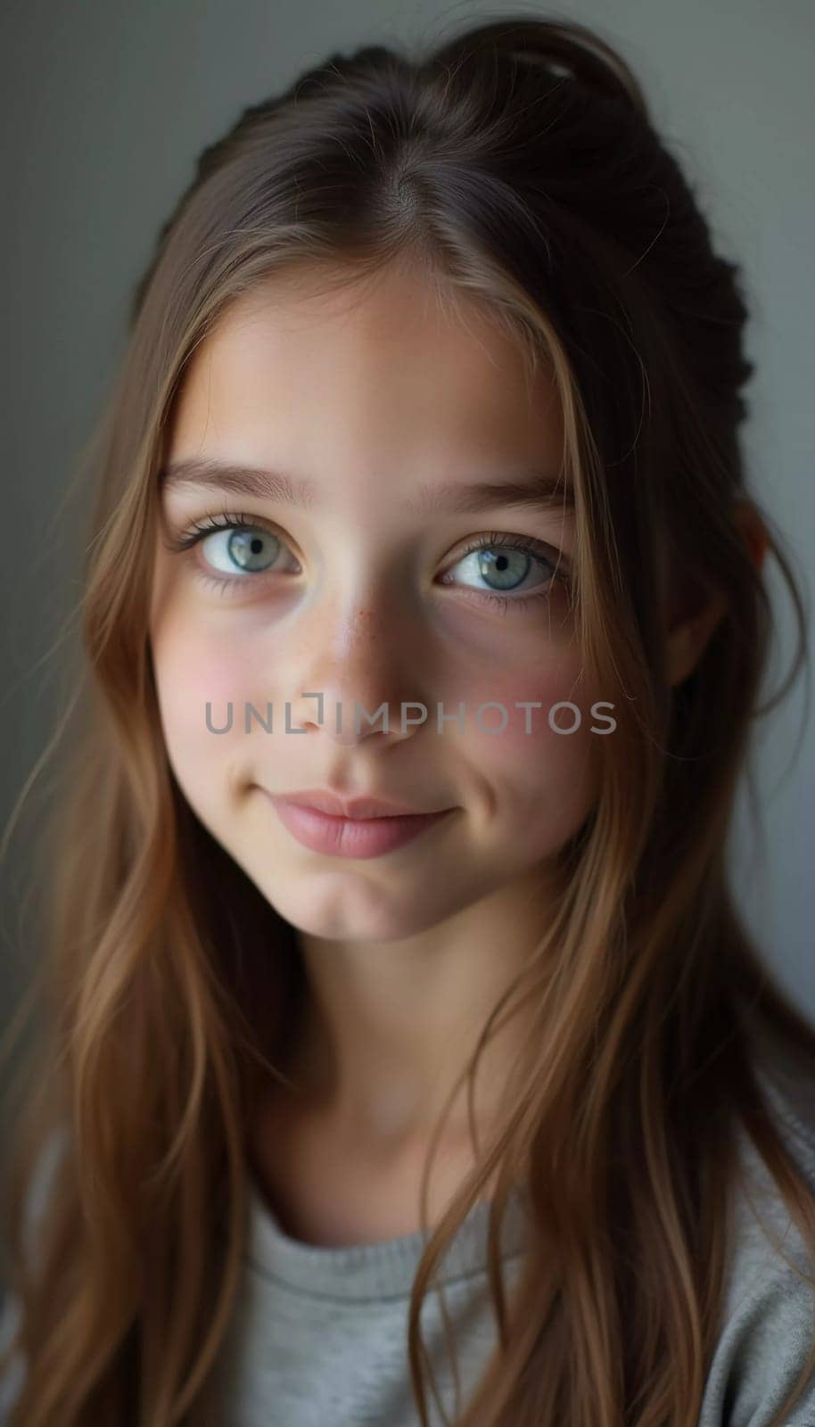 A young girl stands indoor in Russia, her striking grey-blue eyes gazing intently at the viewer. Natural light enhances her delicate features and long hair. Cute kid teenager schoolgirl. GenerativeAI.
