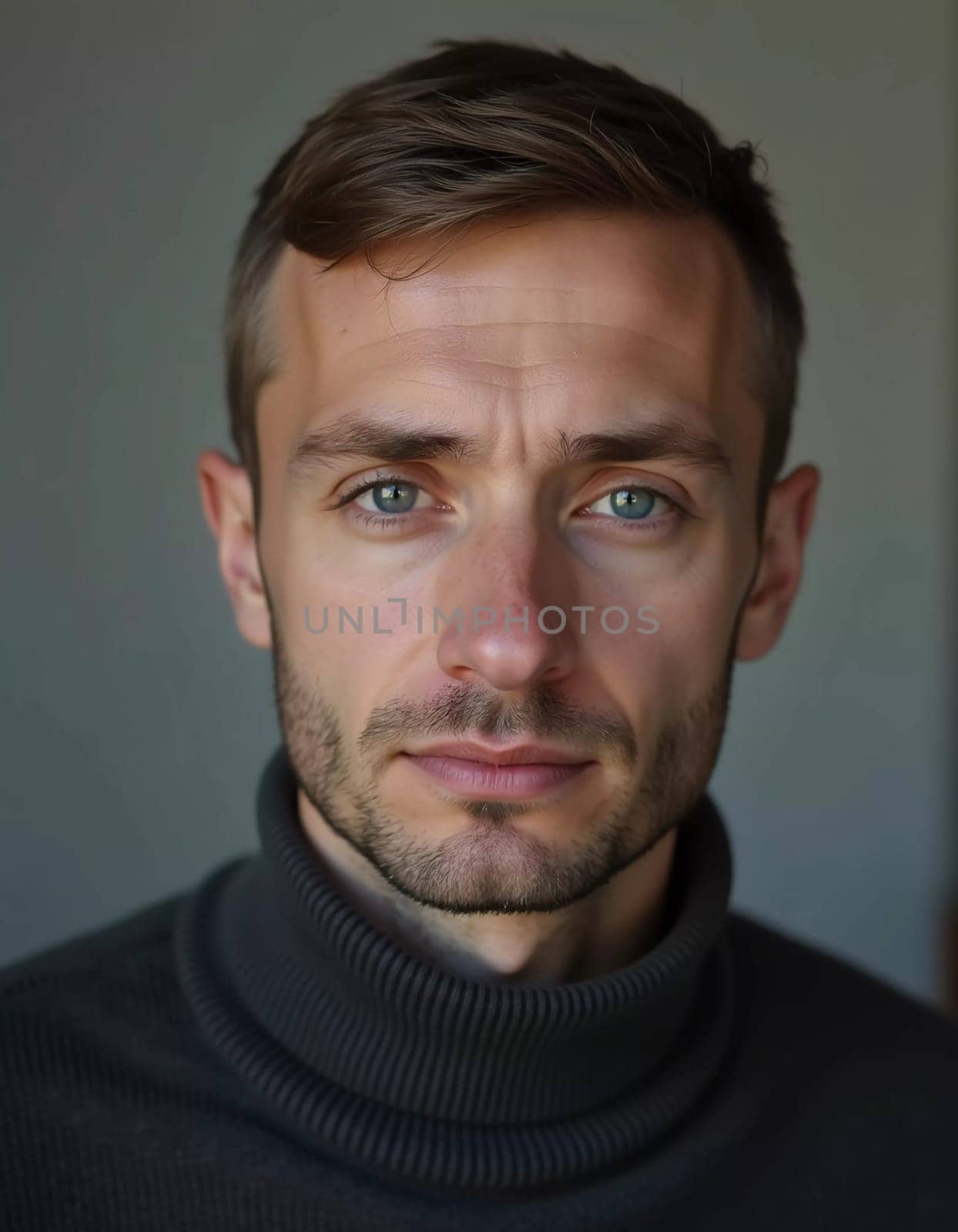 A young man from Russia gazes directly at the viewer with striking blue eyes. Tousled hair and relaxed expression. Introspection and tranquility. Portrait of a handsome man of 30 years. Generative AI.