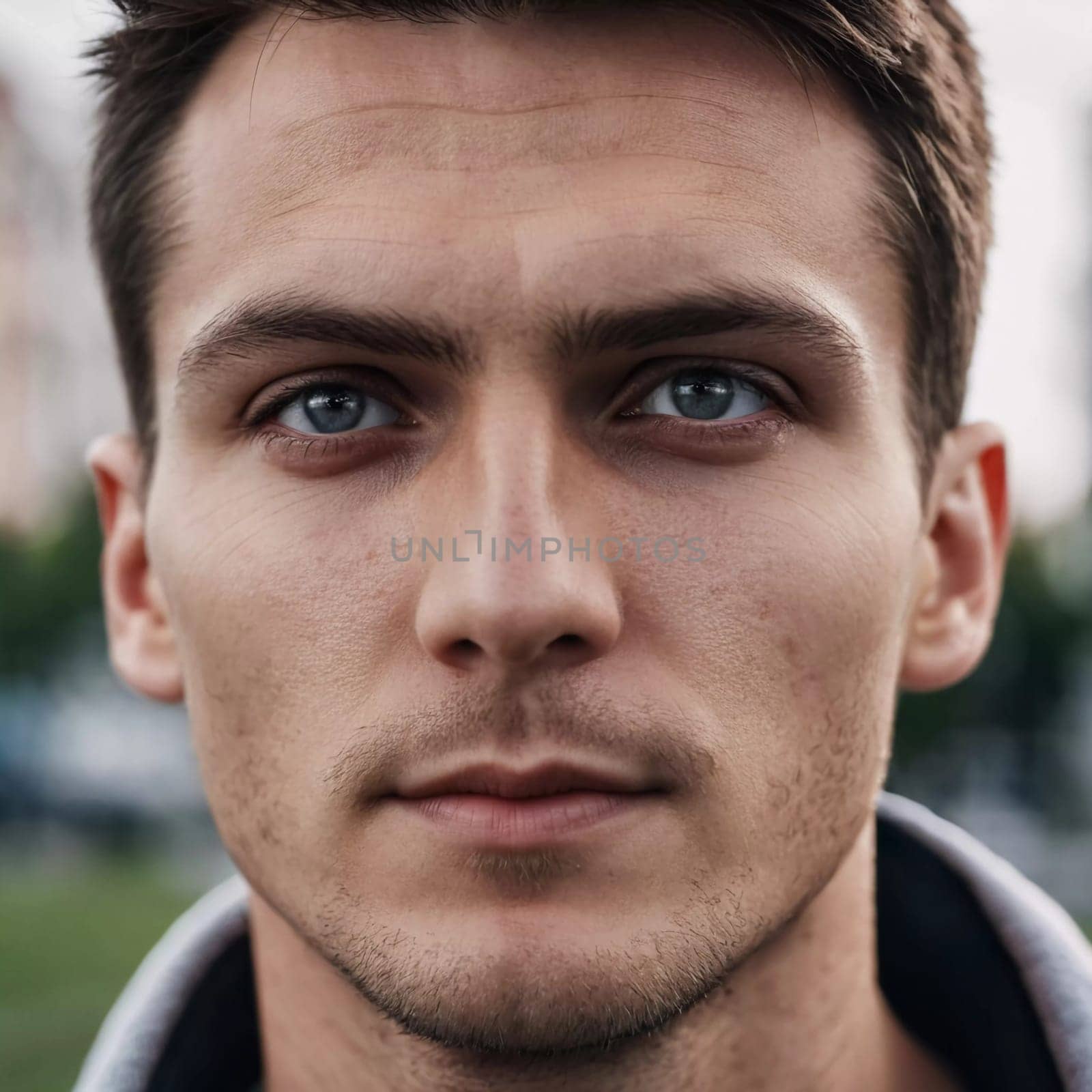 A young man from Russia gazes directly at the viewer with striking blue eyes. Tousled hair and relaxed expression. Introspection and tranquility. Portrait of a handsome man of 30 years. Generative AI.