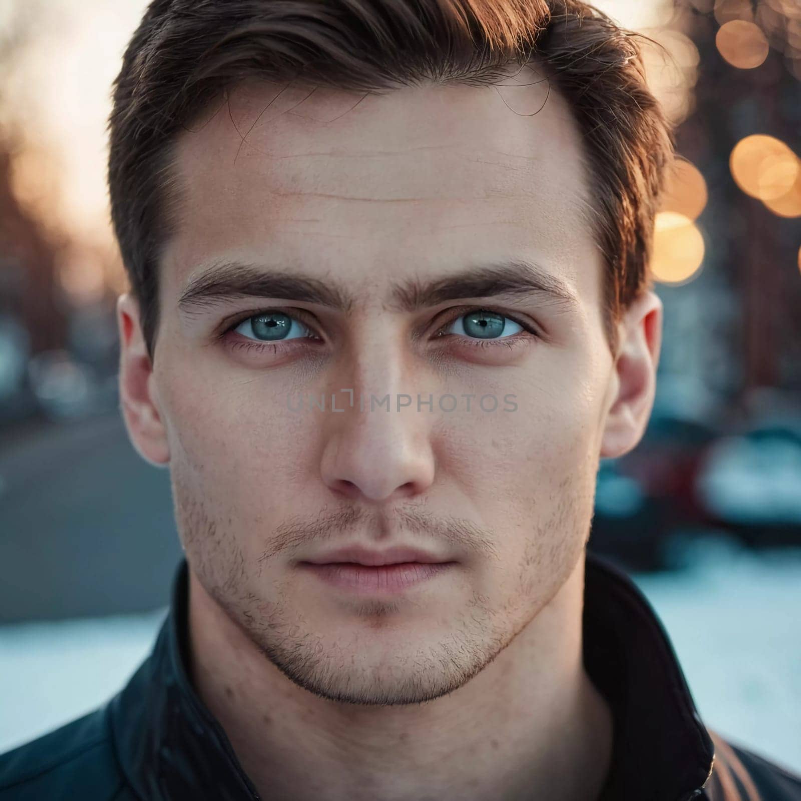 A young man from Russia gazes directly at the viewer with striking blue eyes. Tousled hair and relaxed expression. Introspection and tranquility. Portrait of a handsome man of 30 years. Generative AI.