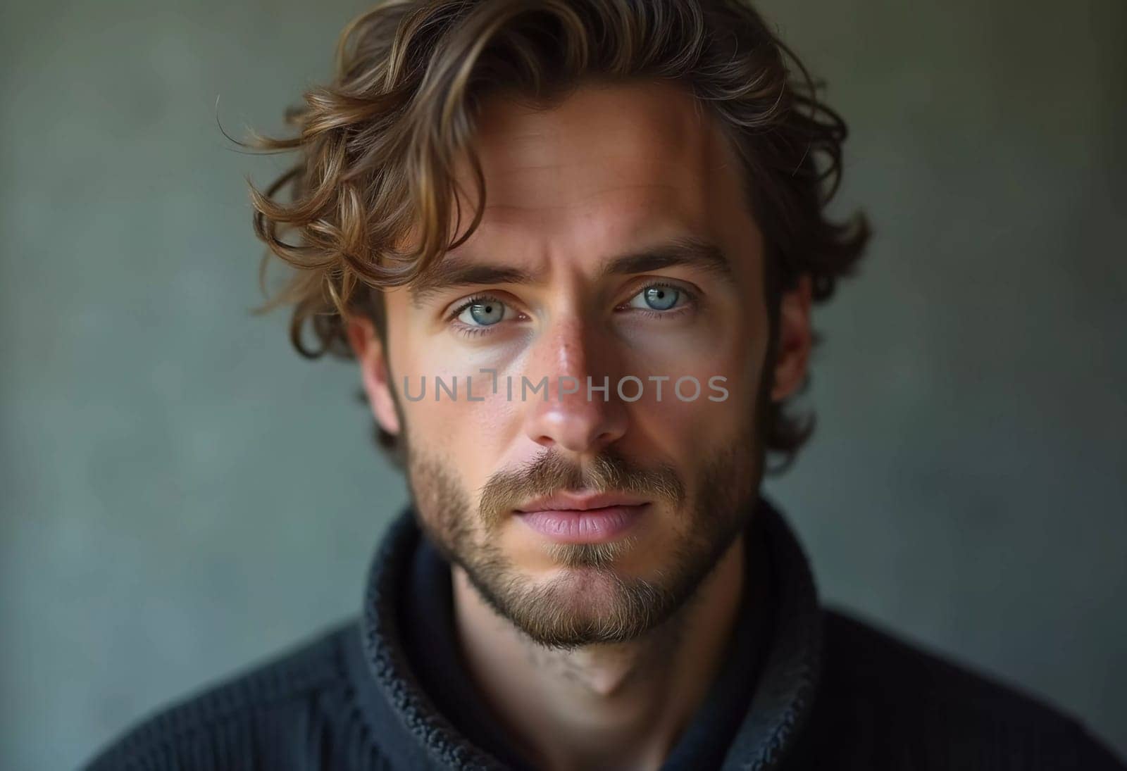 A young man from Russia gazes directly at the viewer with striking blue eyes. Tousled hair and relaxed expression. Introspection and tranquility. Portrait of a handsome man of 30 years. Generative AI.