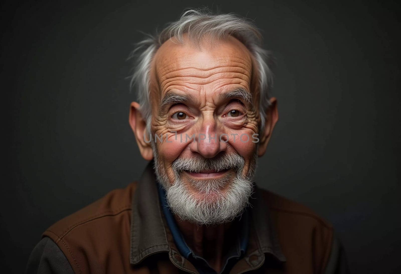 A senior man stands confidently, wearing a black jacket. Softly lit background. Portrait of a Russian man, 60-70-80 years old. Serious, wise, thoughtful face. Pensioner with gray hair. Generative AI.