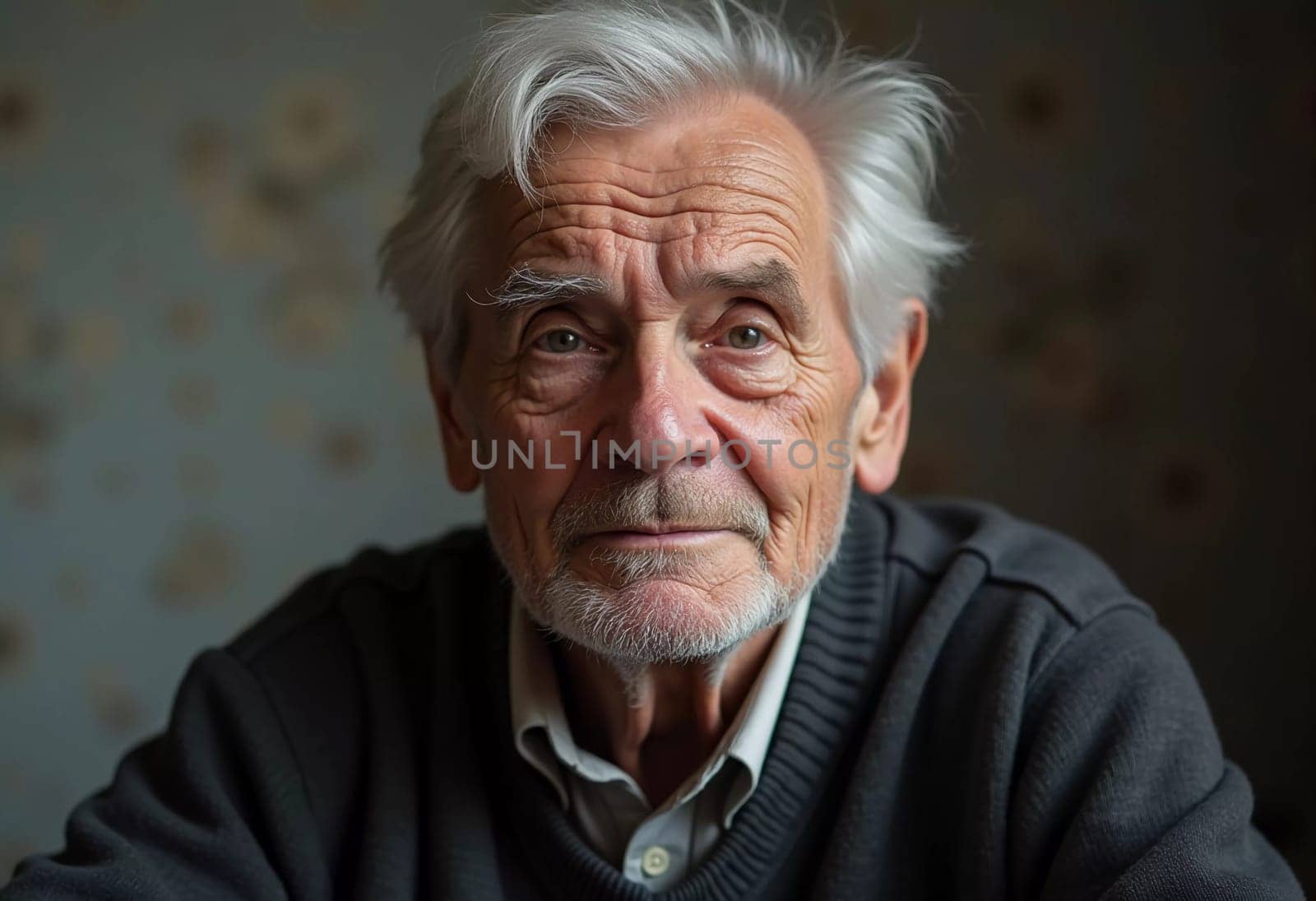 A senior man stands confidently, wearing a black jacket. Softly lit background. Portrait of a Russian man, 60-70-80 years old. Serious, wise, thoughtful face. Pensioner with gray hair. Generative AI.