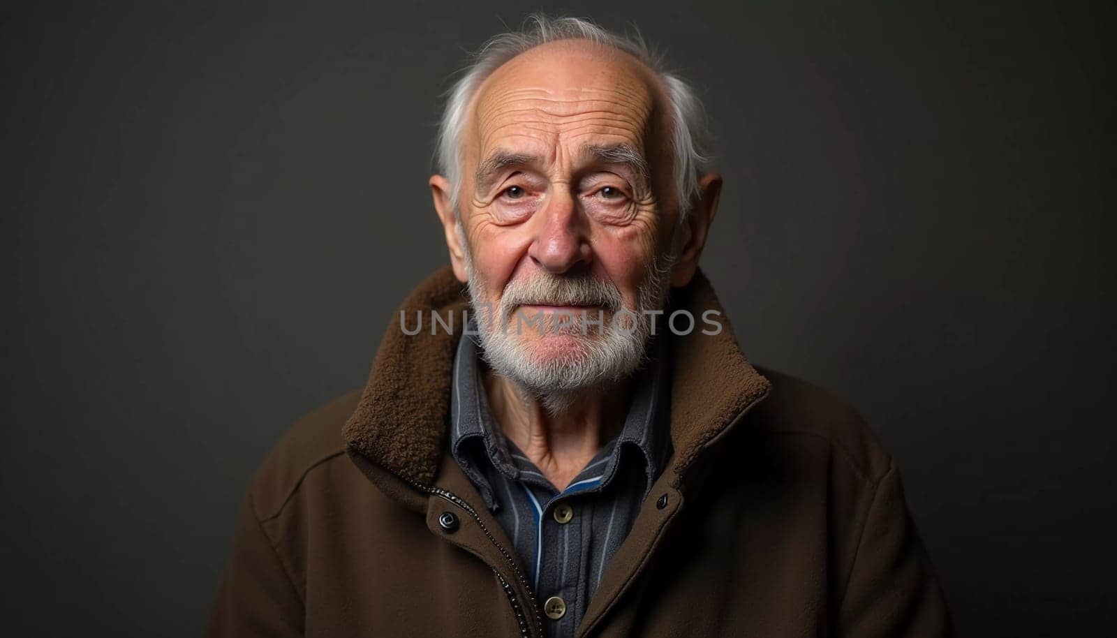 A senior man stands confidently, wearing a black jacket. Softly lit background. Portrait of a Russian man, 60-70-80 years old. Serious, wise, thoughtful face. Pensioner with gray hair. Generative AI.