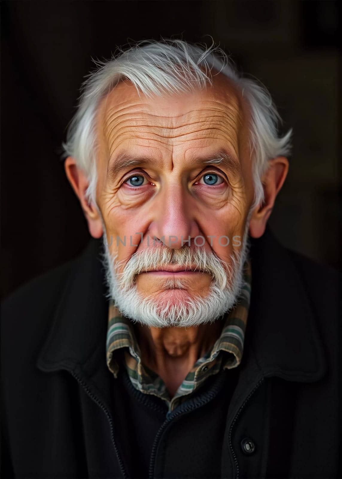 A senior man stands confidently, wearing a black jacket. Softly lit background. Portrait of a Russian man, 60-70-80 years old. Serious, wise, thoughtful face. Pensioner with gray hair. Generative AI.