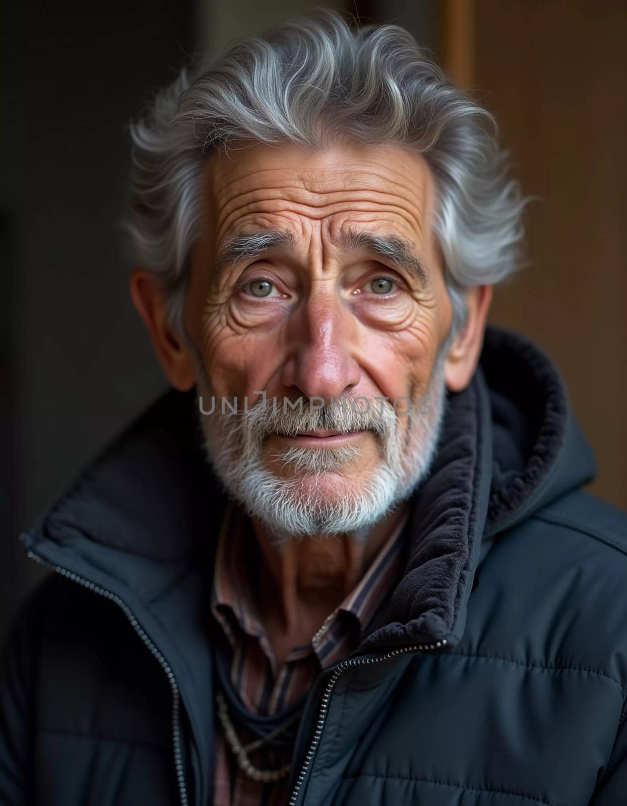 A senior man stands confidently, wearing a black jacket. Softly lit background. Portrait of a Russian man, 60-70-80 years old. Serious, wise, thoughtful face. Pensioner with gray hair. Generative AI.