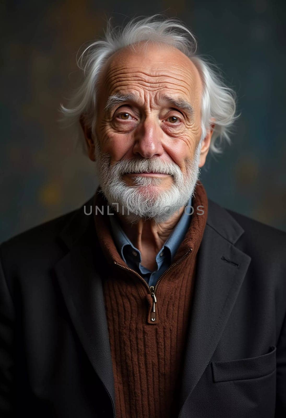 A senior man stands confidently, wearing a black jacket. Softly lit background. Portrait of a Russian man, 60-70-80 years old. Serious, wise, thoughtful face. Pensioner with gray hair. Generative AI.