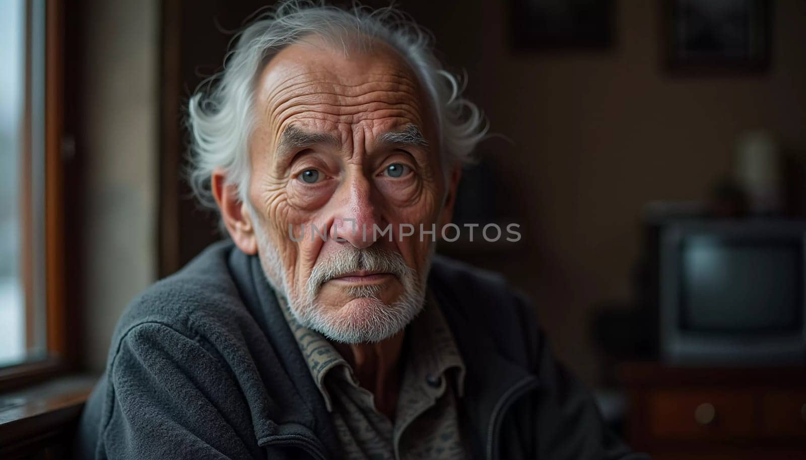 A senior man stands confidently, wearing a black jacket. Softly lit background. Portrait of a Russian man, 60-70-80 years old. Serious, wise, thoughtful face. Pensioner with gray hair. Generative AI.