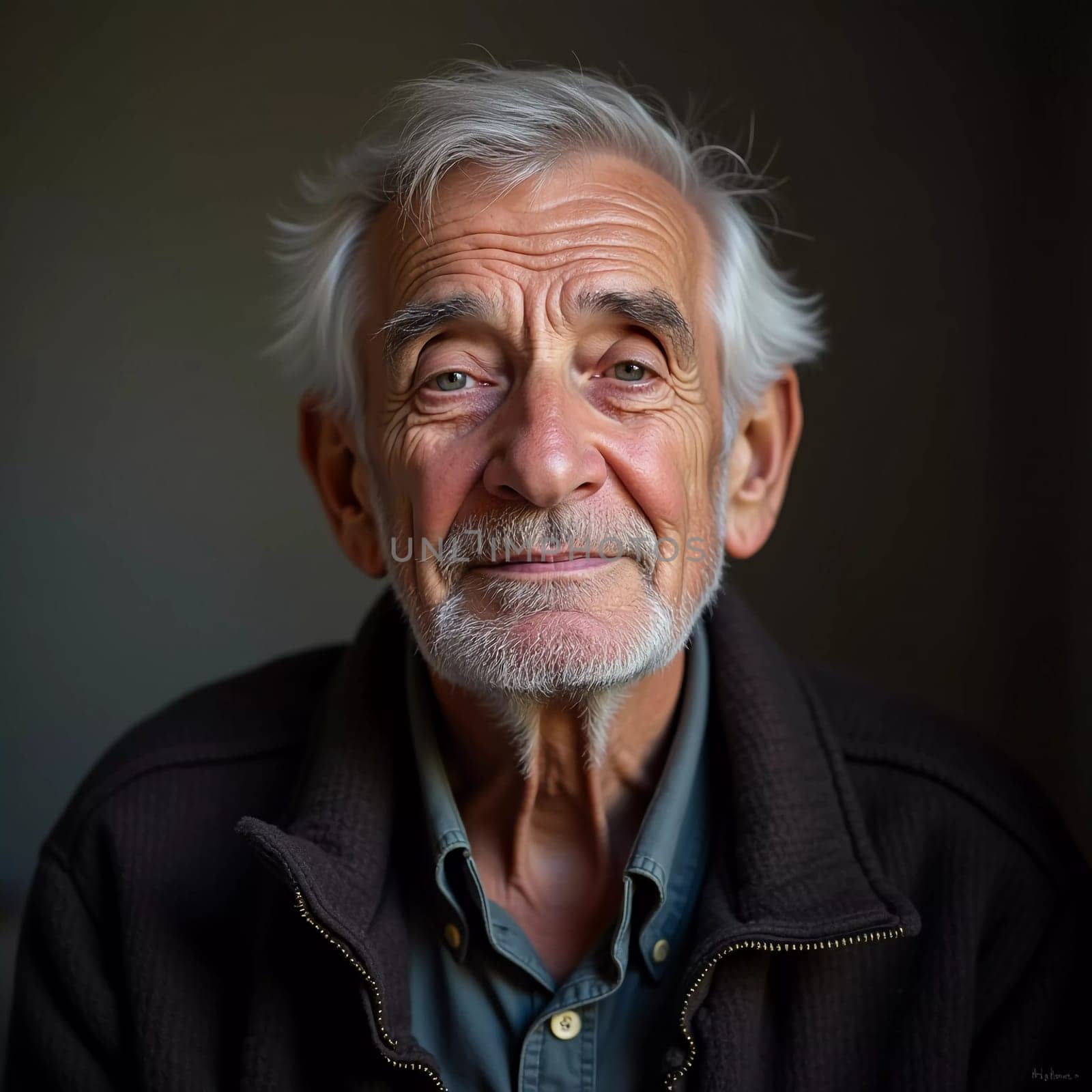 A senior man stands confidently, wearing a black jacket. Softly lit background. Portrait of a Russian man, 60-70-80 years old. Serious, wise, thoughtful face. Pensioner with gray hair. Generative AI.