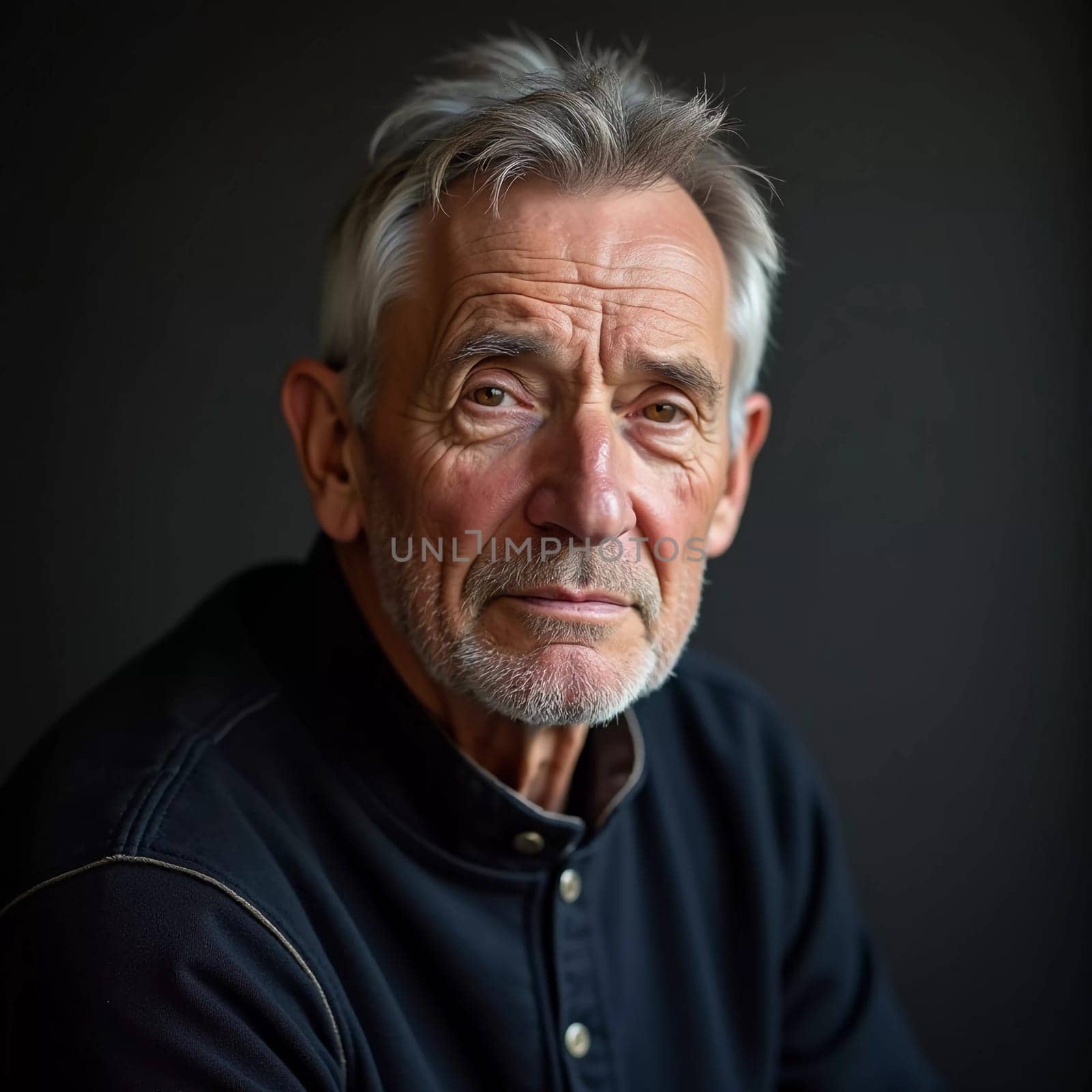 A senior man stands confidently, wearing a black jacket. Softly lit background. Portrait of a Russian man, 60-70-80 years old. Serious, wise, thoughtful face. Pensioner with gray hair. Generative AI.