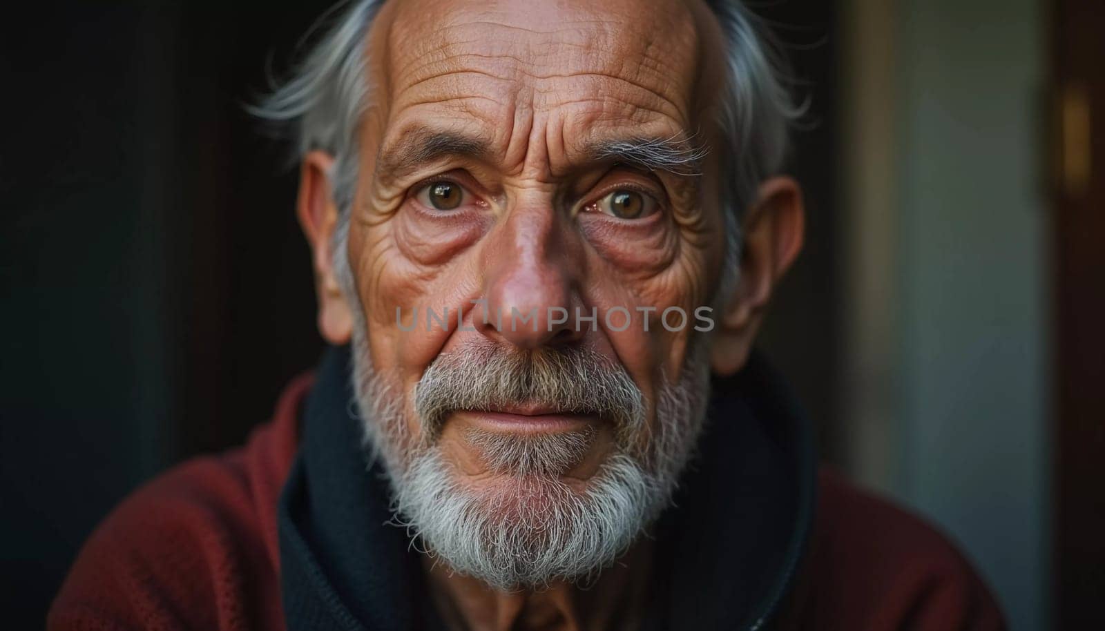 A senior man stands confidently, wearing a black jacket. Softly lit background. Portrait of a Russian man, 60-70-80 years old. Serious, wise, thoughtful face. Pensioner with gray hair. Generative AI.