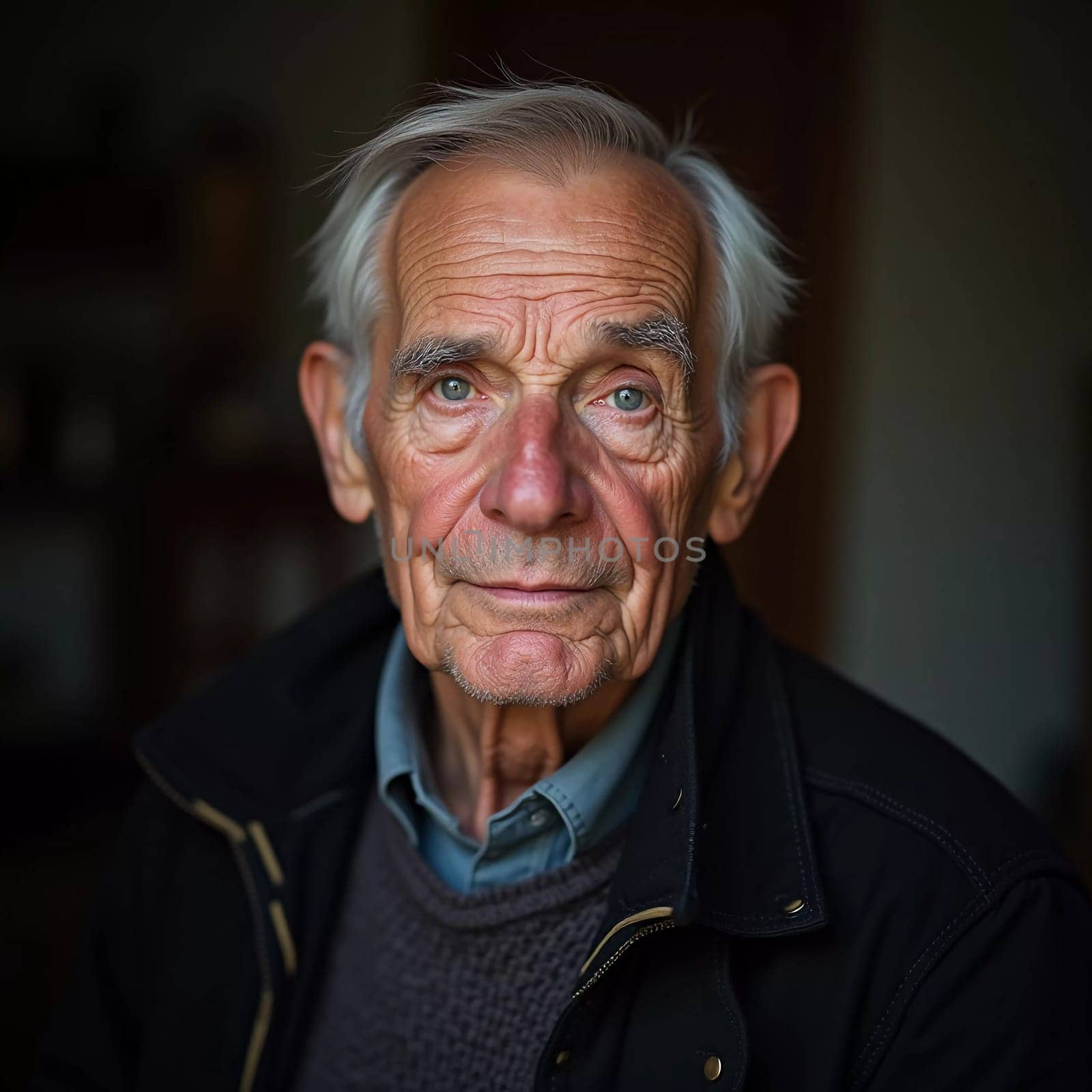 A senior man stands confidently, wearing a black jacket. Softly lit background. Portrait of a Russian man, 60-70-80 years old. Serious, wise, thoughtful face. Pensioner with gray hair. Generative AI.
