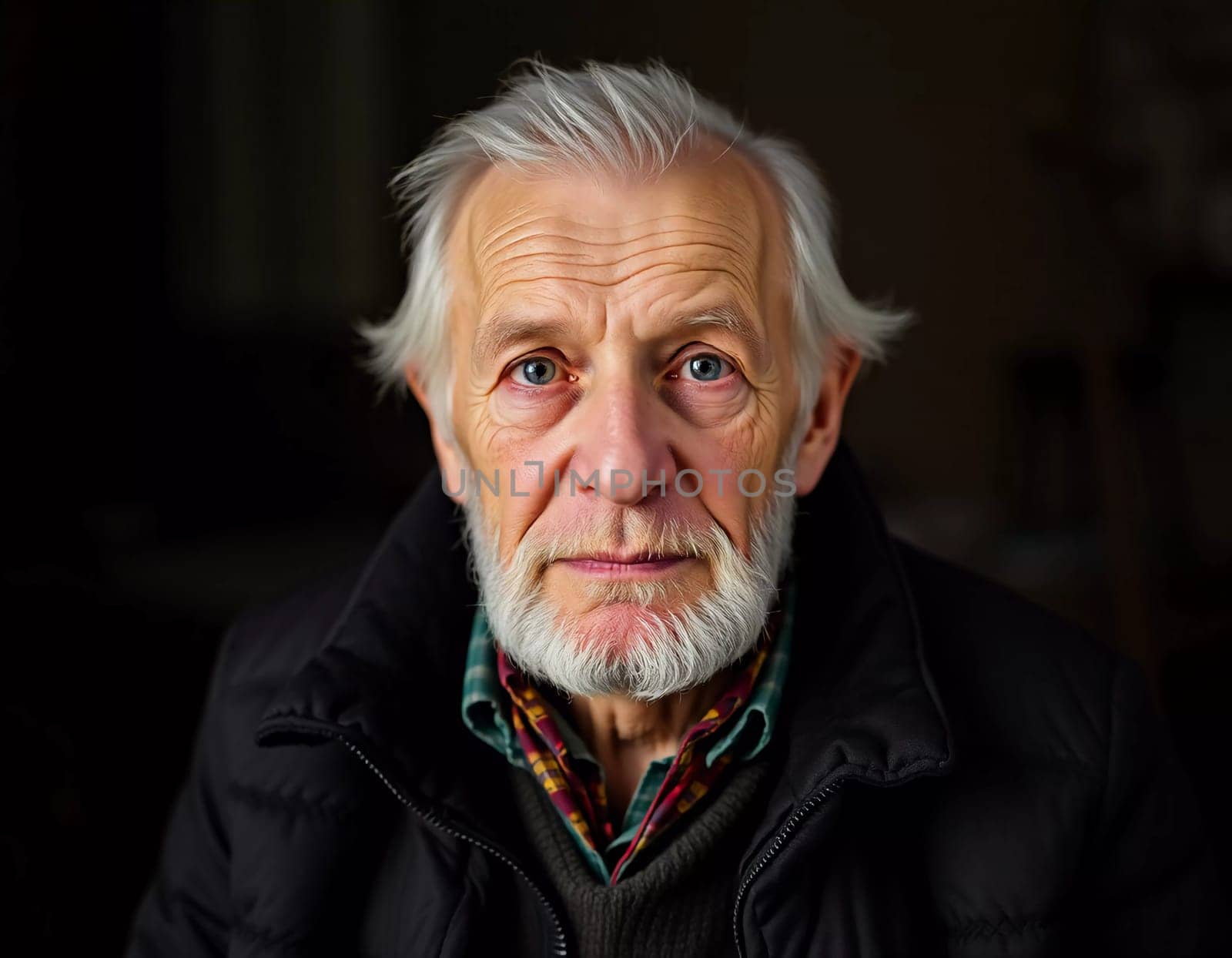 A senior man stands confidently, wearing a black jacket. Softly lit background. Portrait of a Russian man, 60-70-80 years old. Serious, wise, thoughtful face. Pensioner with gray hair. Generative AI.