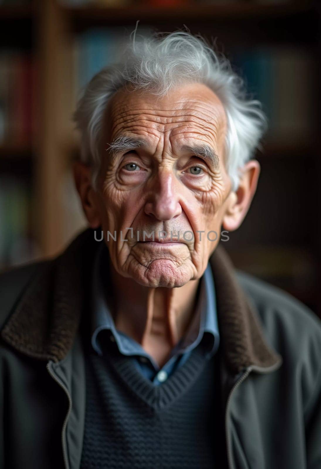 A senior man stands confidently, wearing a black jacket. Softly lit background. Portrait of a Russian man, 60-70-80 years old. Serious, wise, thoughtful face. Pensioner with gray hair. Generative AI.